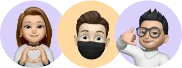 Three cartoon-style avatars with different hairstyles and hand gestures. The avatar on the left has long brown hair and is making a heart shape with both hands. The avatar in the middle has short brown hair styled upwards. The avatar on the right has short black hair and is making a 'call me' gesture with the right hand. The background for each avatar is a different color: purple for the left, yellow for the middle, and blue for the right.