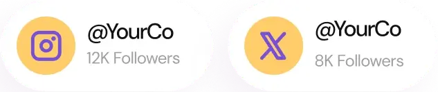 Two social media profile badges side by side. The left badge represents an Instagram profile with the handle '@YourCo' and 12K followers. The Instagram icon is in purple within a yellow circle. The right badge represents another social media platform profile with the handle '@YourCo' and 8K followers. The platform's icon is a purple 'X' within a yellow circle.